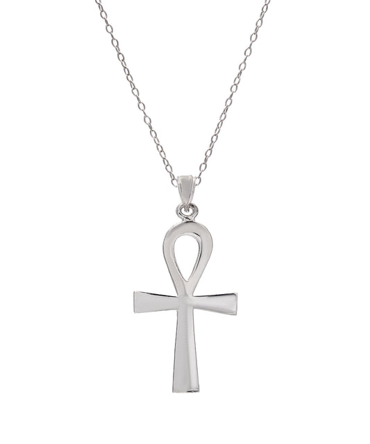 The Sterling Silver Flat Ankh Pendant Necklace, 18", is shown on a plain white background—an ideal choice for those who appreciate spiritual jewelry and elegant, minimalist design.