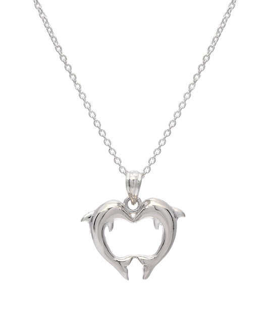 Sterling Silver Kissing Dolphins Heart Pendant Necklace