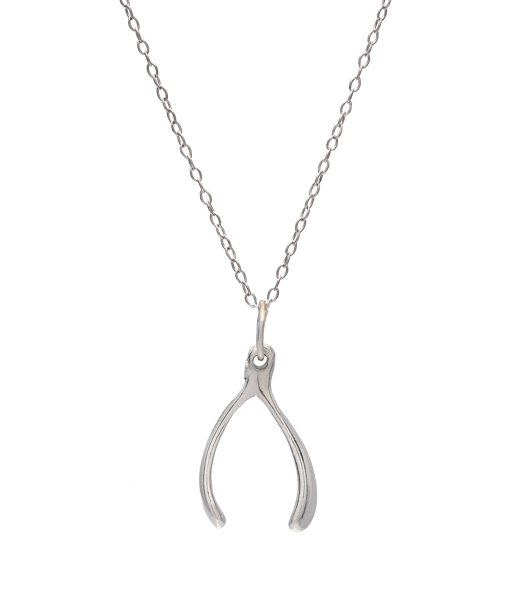 The Sterling Silver Wishbone Pendant Necklace, 18" features a delicate wishbone charm on a silver chain, shown against a plain white background to highlight its elegant design.