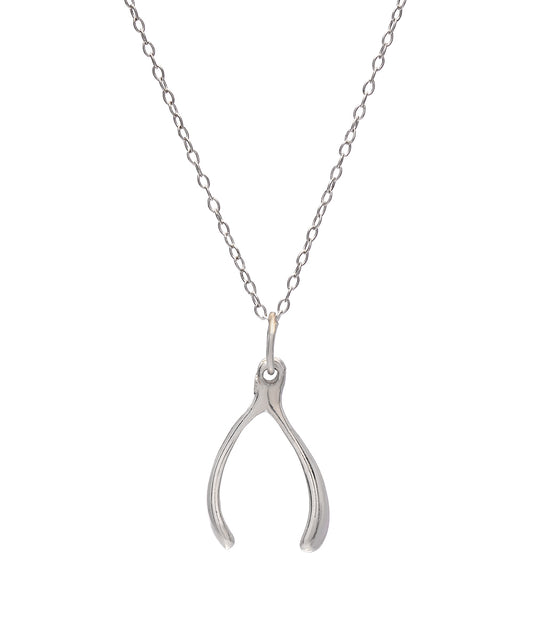 The Sterling Silver Wishbone Pendant Necklace, 18" features a delicate wishbone charm on a silver chain, shown against a plain white background to highlight its elegant design.