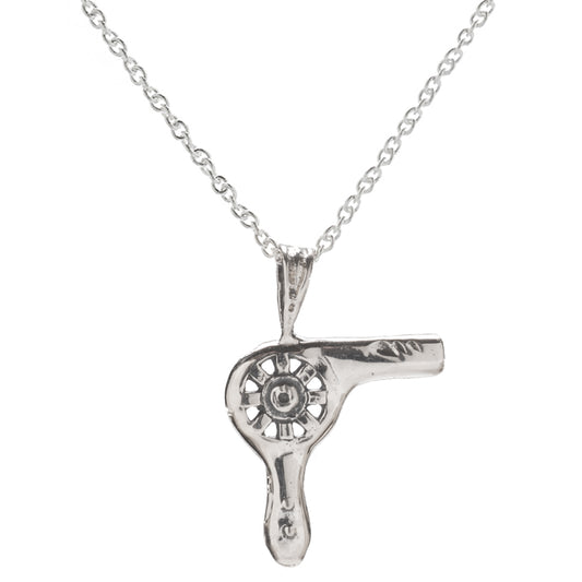 The Sterling Silver Blow Dryer Pendant Necklace, 18", features a detailed hair dryer charm with a realistic circular vent—ideal hairstylist jewelry.