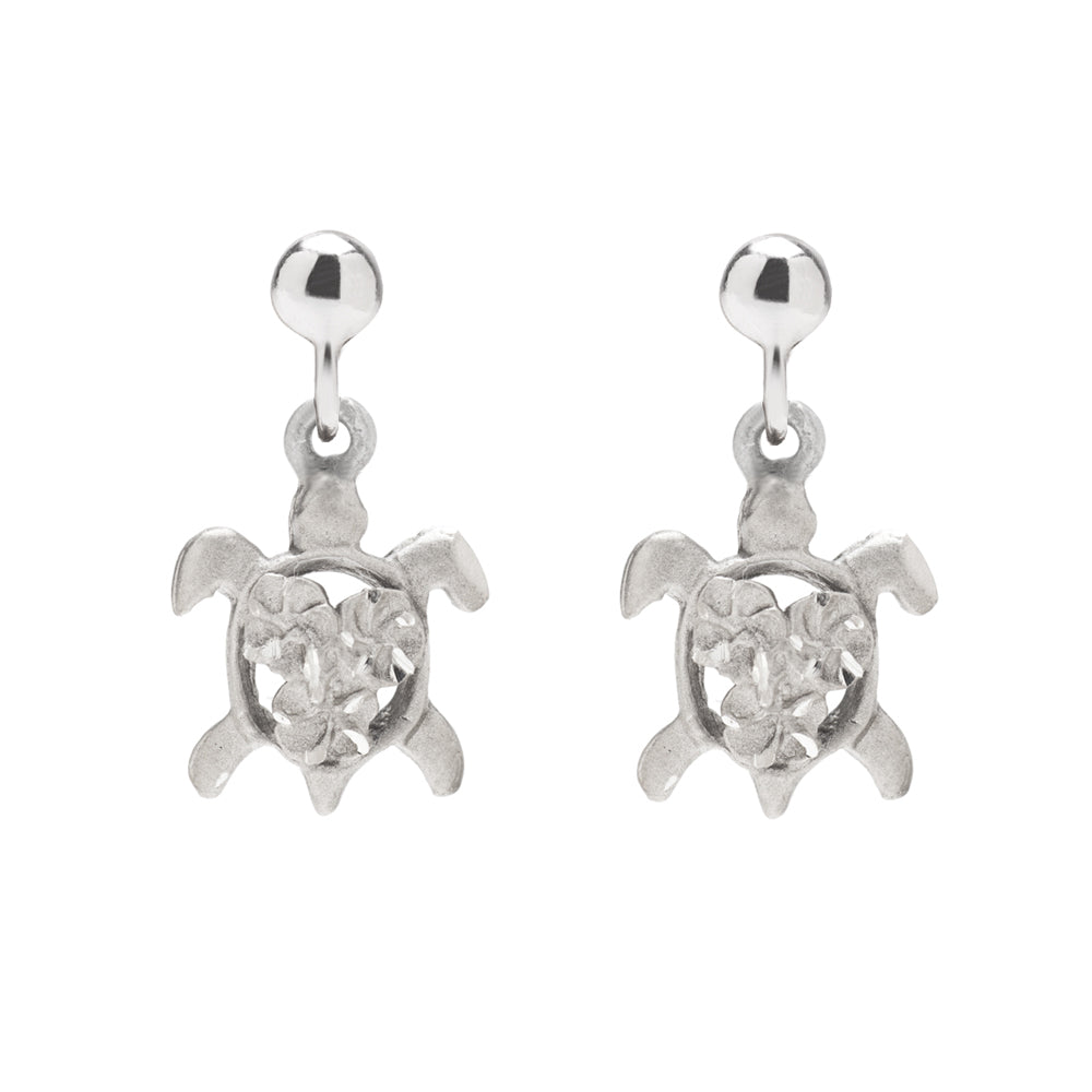 Sterling Silver Plumeria Sea Turtle Drop Earrings