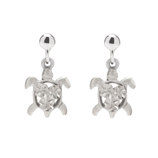 Sterling Silver Plumeria Sea Turtle Drop Earrings