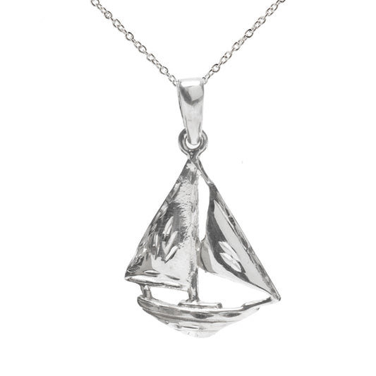 The Sterling Silver Wooden Sailboat Pendant Necklace features a detailed two-sail boat design on a delicate chain—an elegant nautical accessory ideal for ocean lovers and sailing enthusiasts.