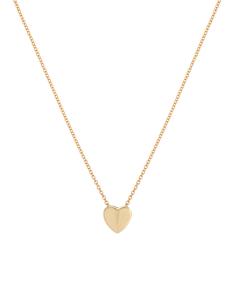 The 14 Karat Gold Sliding Heart Necklace features a small polished heart pendant centered on a delicate gold chain, shown against a plain white background.