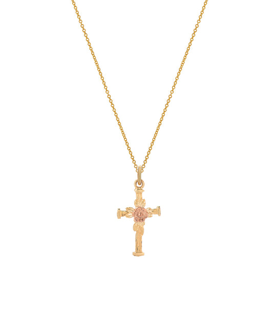 The 14 Karat Gold Two Tone Flower Cross Pendant Necklace, 18", features an elegant cross accented with a flower detail—ideal for those seeking stylish, spiritual jewelry.