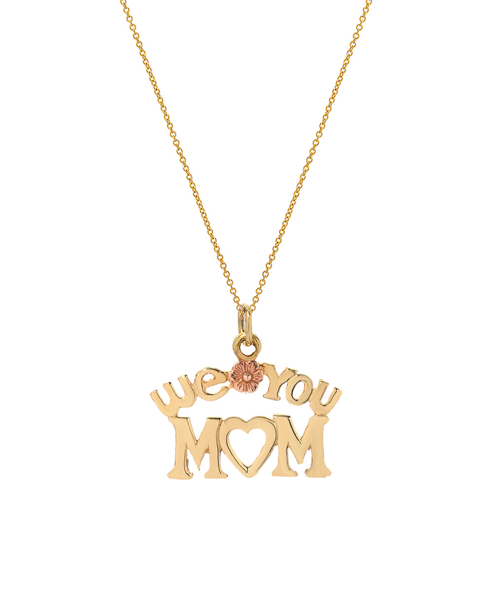 The 14 Karat Gold Two Tone We Love You Mom Pendant Necklace, 18", features a “we ♥ you MOM” design with a delicate flower detail on a fine gold chain.