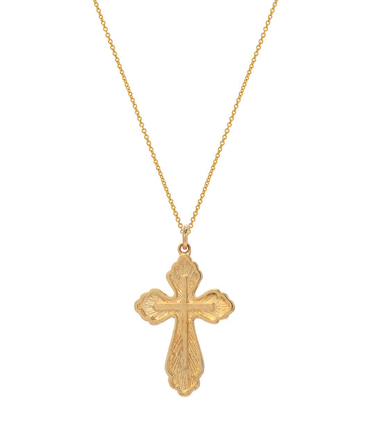 The 14 Karat Yellow Gold Radiating Cross Pendant Necklace showcases an ornate cross with intricate patterns, set against a plain white background.