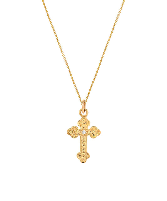 The 14KT Gold Diamond Cross Fleury Pendant Necklace features a delicate chain and a 0.005 CT diamond accent for added elegance.