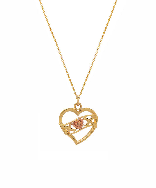 The 14 Karat Two Tone Gold Hugs and Kisses Heart Pendant Necklace features an open heart design with a rose-gold accent at the center, displayed on a fine gold chain against a white background.