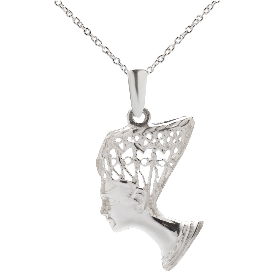 The Sterling Silver Queen Nefertiti Pendant Necklace features an elegant, intricately detailed pendant in classic Egyptian Jewelry style for a timeless look.