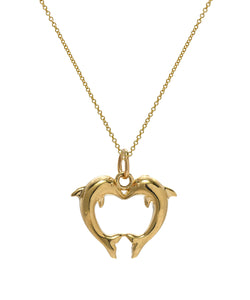 14KT Yellow Gold Kissing Dolphins Pendant Necklace, 18"