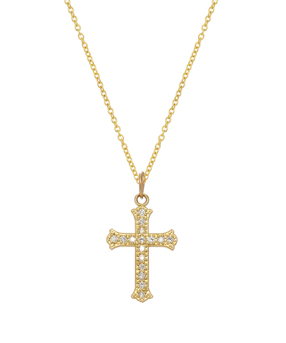 The 14KT Gold 0.16 ct SI1 G Color Diamond Cross Fleury Pendant Necklace features a polished cross with flared, rounded edges adorned with sparkling diamonds for an elegant look.