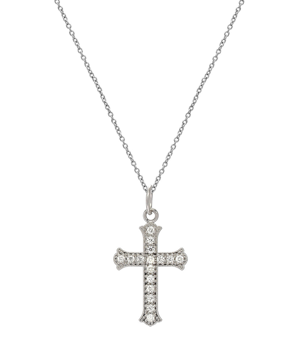 A 14KT gold necklace featuring a Cross Fleury pendant set with 0.16 ct SI1 G color diamonds for a timeless, elegant look.