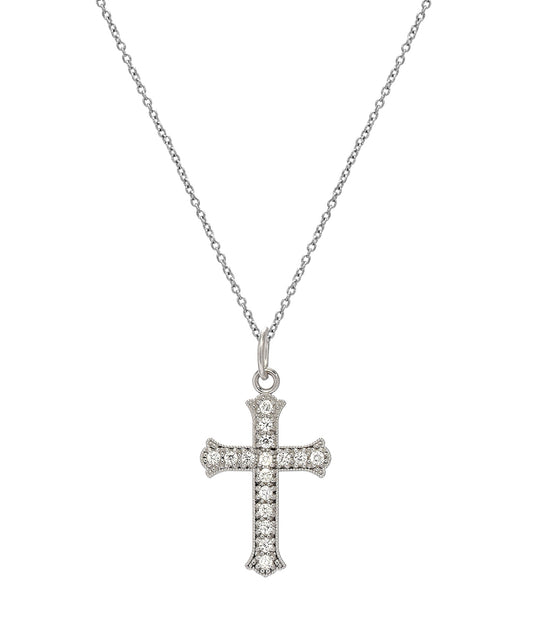 A 14KT gold necklace featuring a Cross Fleury pendant set with 0.16 ct SI1 G color diamonds for a timeless, elegant look.