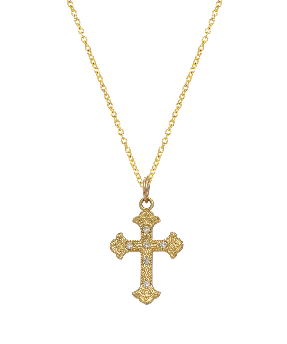 A 14k gold necklace featuring a Cross Fleury pendant with 0.06 ct SI2-1 diamonds, combining elegance and intricate detailing.