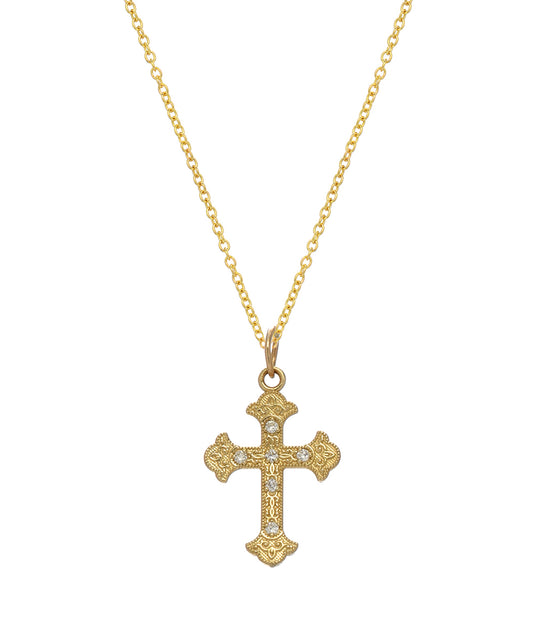 A 14k gold necklace featuring a Cross Fleury pendant with 0.06 ct SI2-1 diamonds, combining elegance and intricate detailing.