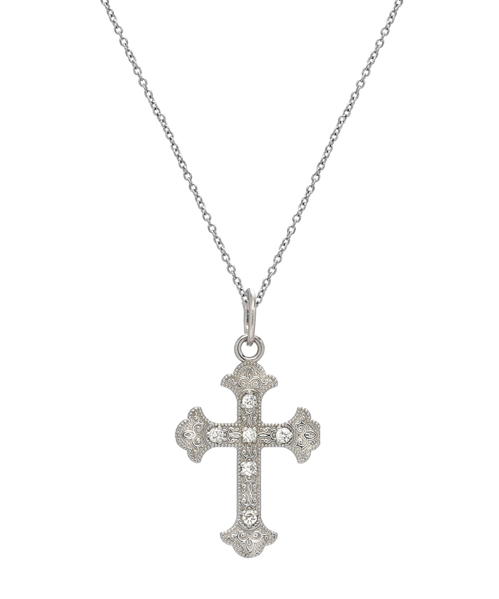 A 14k gold necklace featuring a Cross Fleury pendant set with 0.06 ct SI2-1 diamonds, offering timeless elegance reminiscent of classic diamond cross designs.