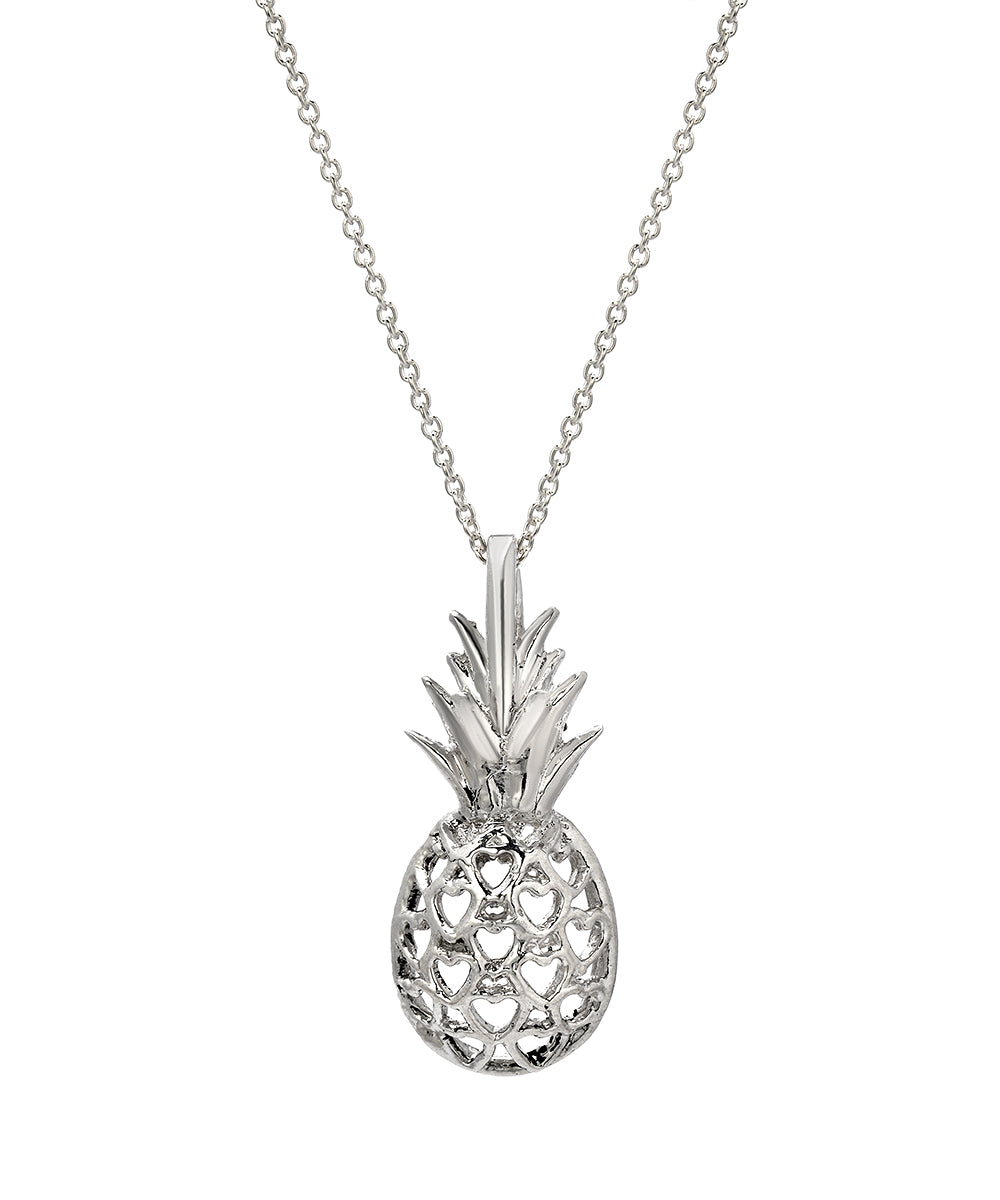 The Sterling Silver Pineapple and Heart Hawaiian Pendant Necklace features an openwork design forming delicate heart shapes for a charming look.