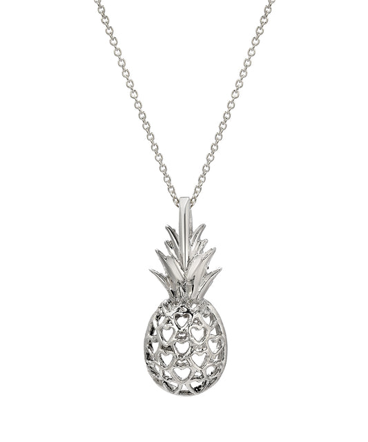 The Sterling Silver Pineapple and Heart Hawaiian Pendant Necklace features an openwork design forming delicate heart shapes for a charming look.