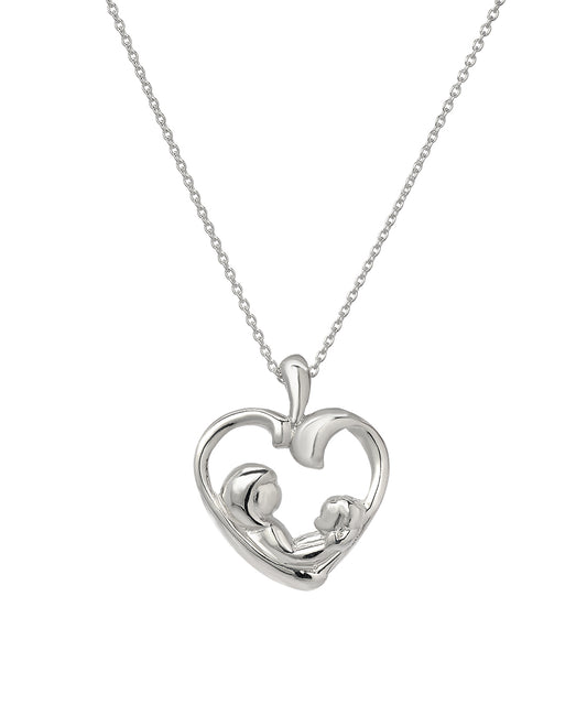 The Sterling Silver Mother Daughter Pendant Necklace features a heart-shaped pendant with two stylized figures, symbolizing the special bond between parent and child—a keepsake to cherish forever.