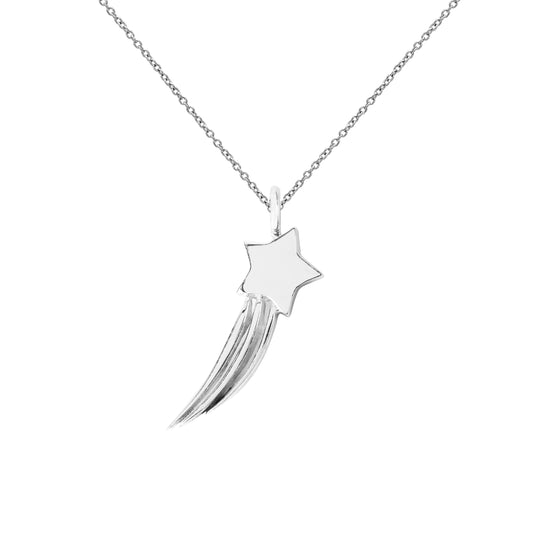 The Sterling Silver Shooting Star Pendant Necklace features a delicate 925 silver chain with a five-pointed star and three trailing lines, offering minimalist everyday elegance.