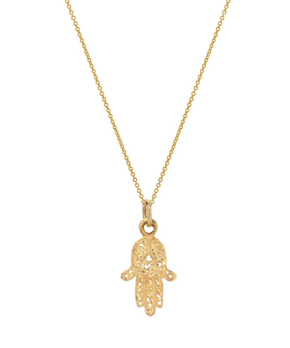 The 14 Karat Yellow Gold Hand of Fatima Hamsa Pendant Necklace, 16", features a delicate yellow gold chain and an intricately detailed Hamsa pendant.