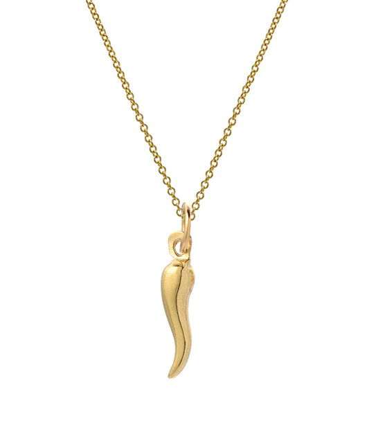 The 14KT Gold Italian Horn Pendant Necklace, 18", features a single gold cornicello on a chain, symbolizing protection.