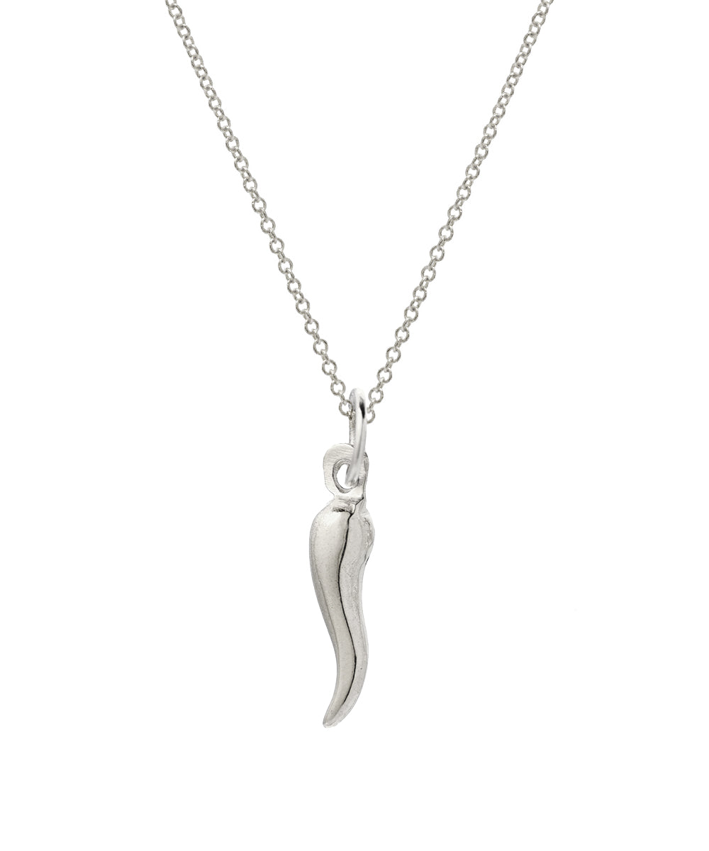 A 14KT Gold Italian Horn Pendant Necklace, 18", features a sleek, horn-shaped charm at its center. Worn for protection, this elegant gold piece stands out against a plain white background.