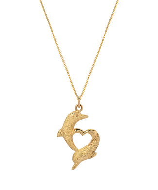 14 Karat Yellow Gold Dolphin Open Heart Pendant Necklace, 18