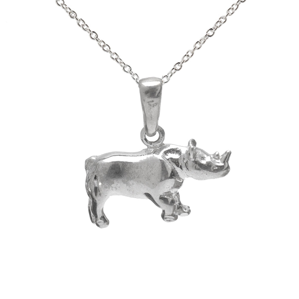 The Sterling Silver Rhinoceros Pendant Necklace features a detailed rhino charm on a fine chain, displayed against a white background—ideal for wildlife jewelry enthusiasts.