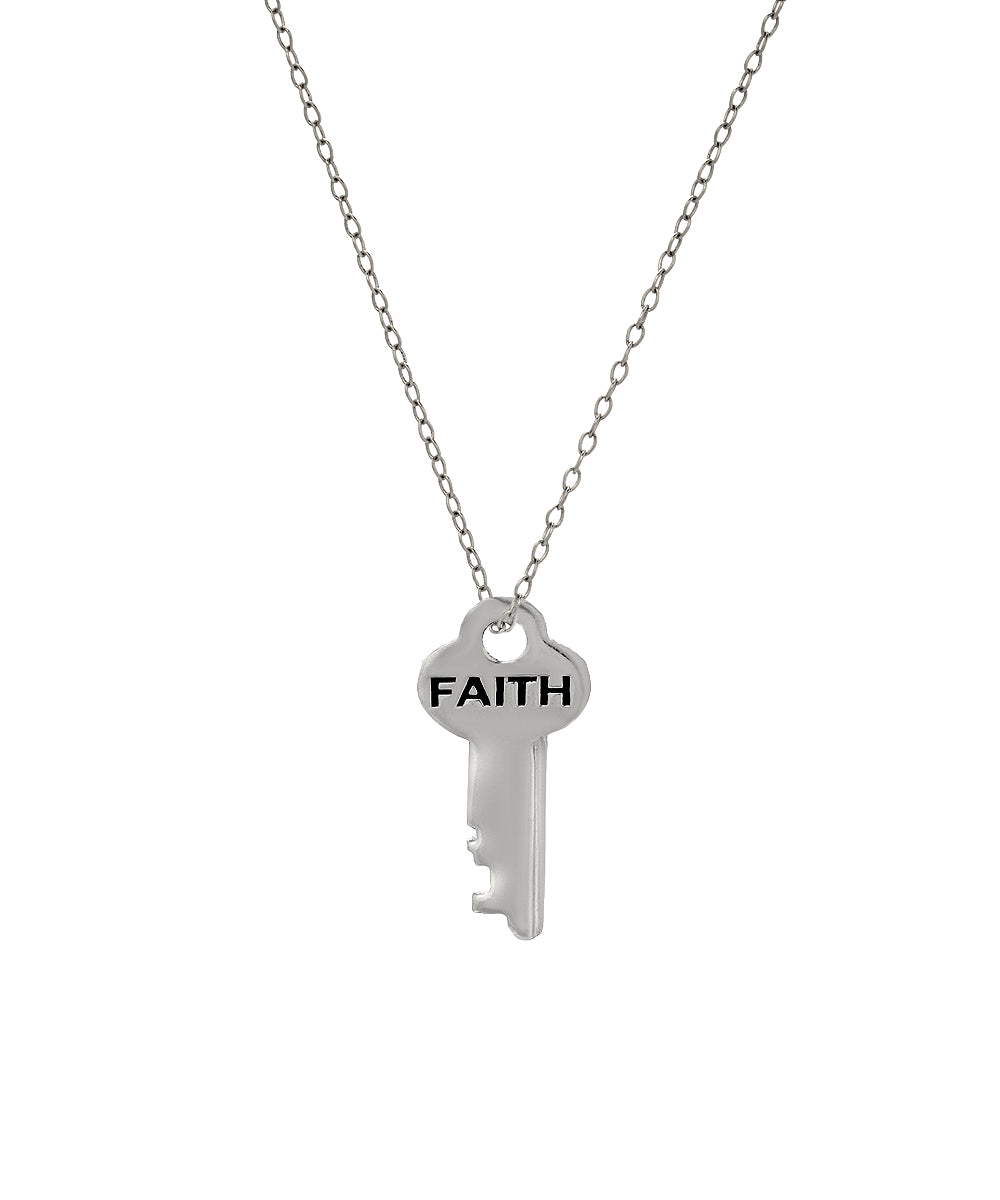 The Sterling Silver Infinite Key Pendant Necklace features a key-shaped charm engraved with "FAITH" in bold black letters—an inspiring affirmation jewelry piece.