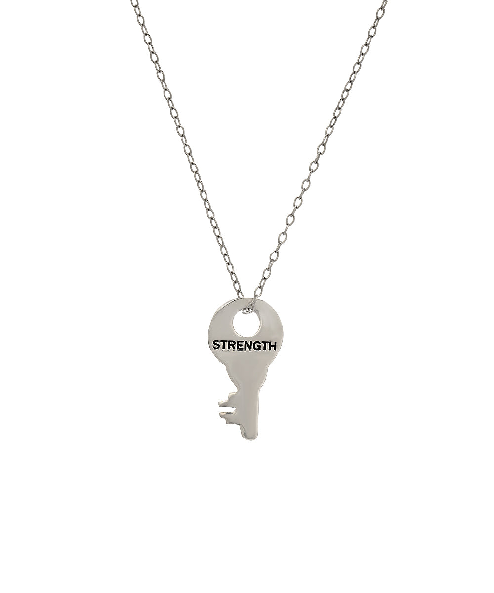 The Sterling Silver Infinite Key Pendant Necklace features the word STRENGTH engraved in black on the wide part of its key-shaped pendant, offering daily inspiration with a simple, delicate chain for meaningful affirmation.
