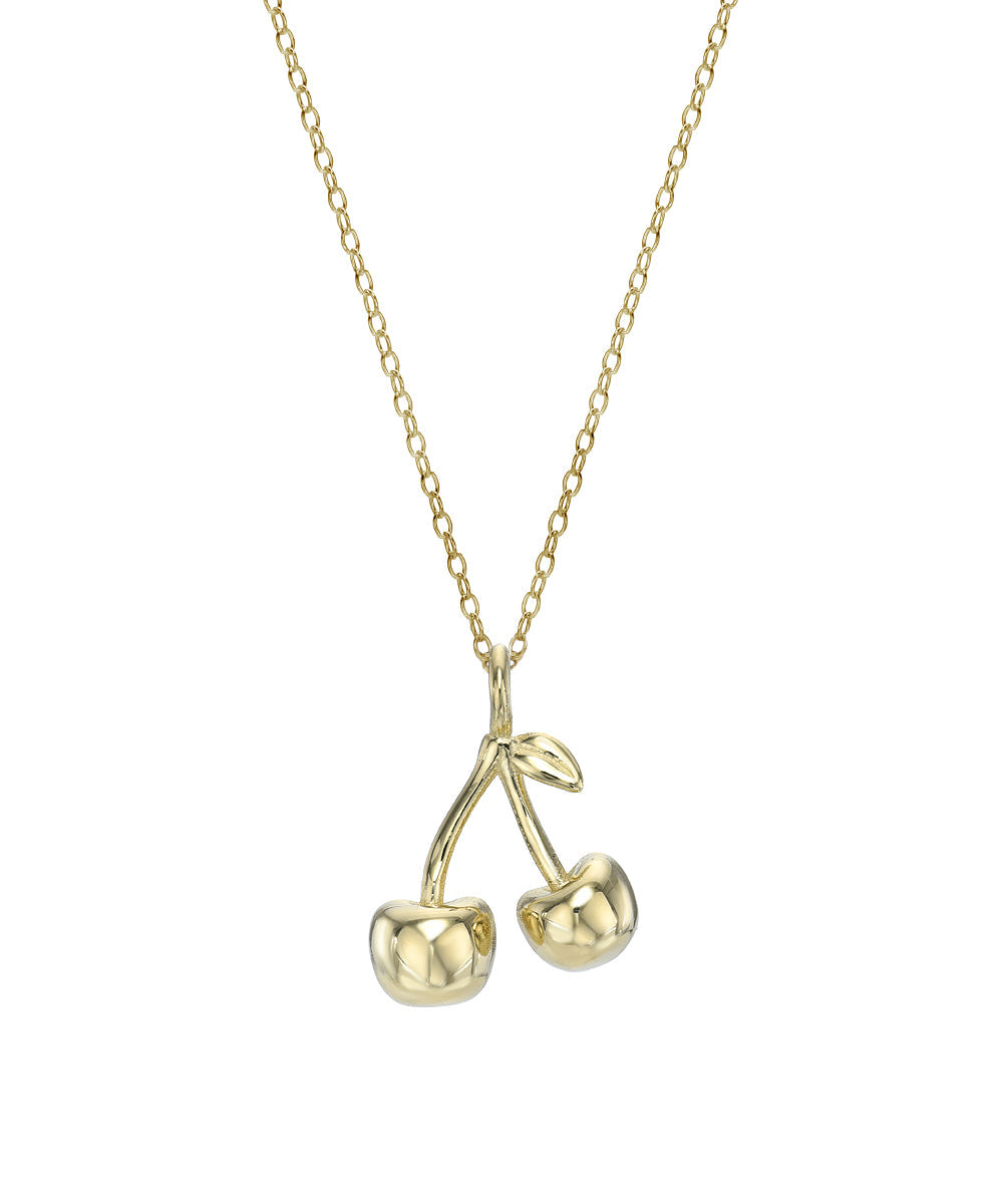 The 14 Karat Yellow Gold Cherry Pendant Necklace, 18", features two cherries and a small leaf on an elegant Italian rolo chain, displayed against a white background.