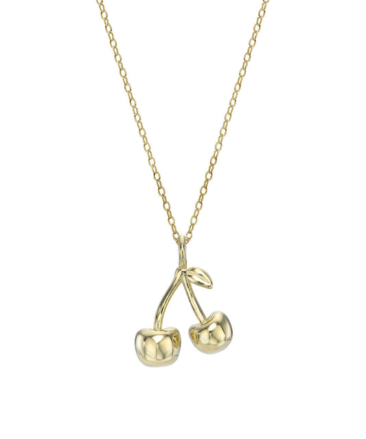 The 14 Karat Yellow Gold Cherry Pendant Necklace, 18", features two cherries and a small leaf on an elegant Italian rolo chain, displayed against a white background.