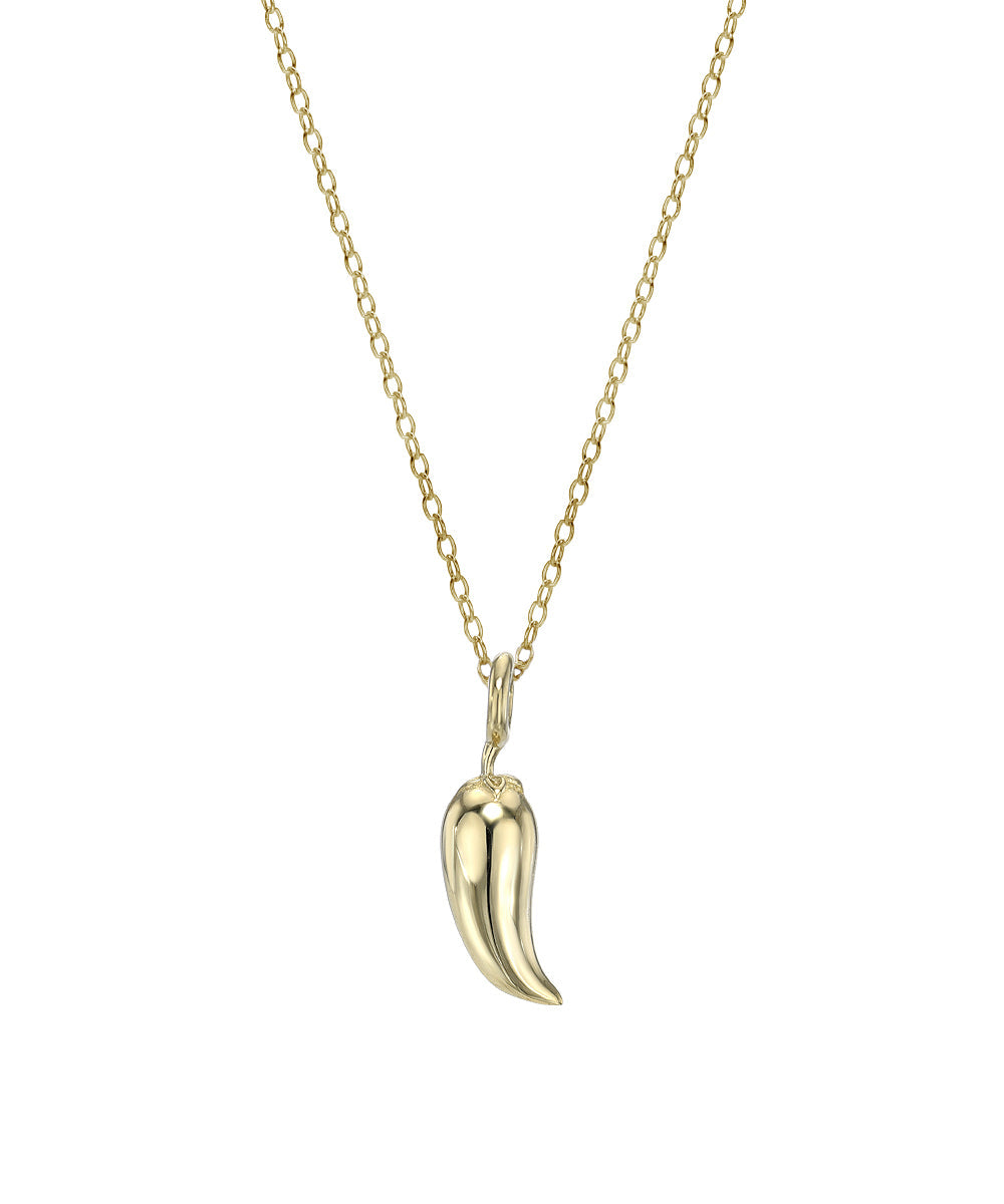 The 14KT Yellow Gold Jalapeno Pepper Pendant Necklace, 18", features a polished jalapeno pepper pendant at the center, offering a bold accent to any outfit.