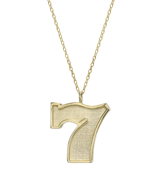The 14 Karat Yellow Gold Lucky 7 Pendant Necklace, 18", features a stylish number pendant on an elegant chain.