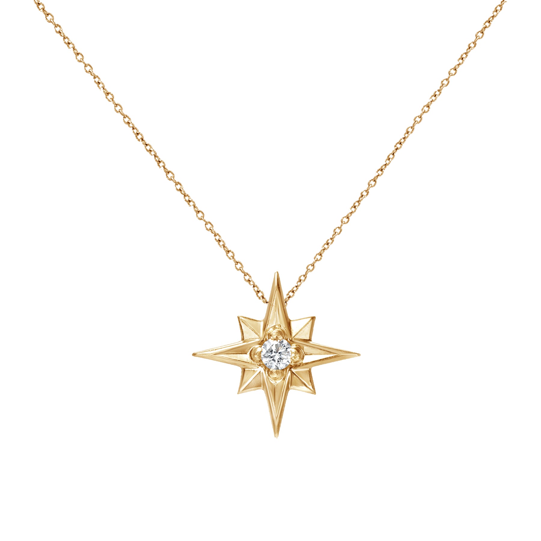 The 14K Gold North Star Diamond Pendant Necklace features an eight-pointed star with a sparkling diamond center—an elegant celestial-inspired piece for jewelry lovers.