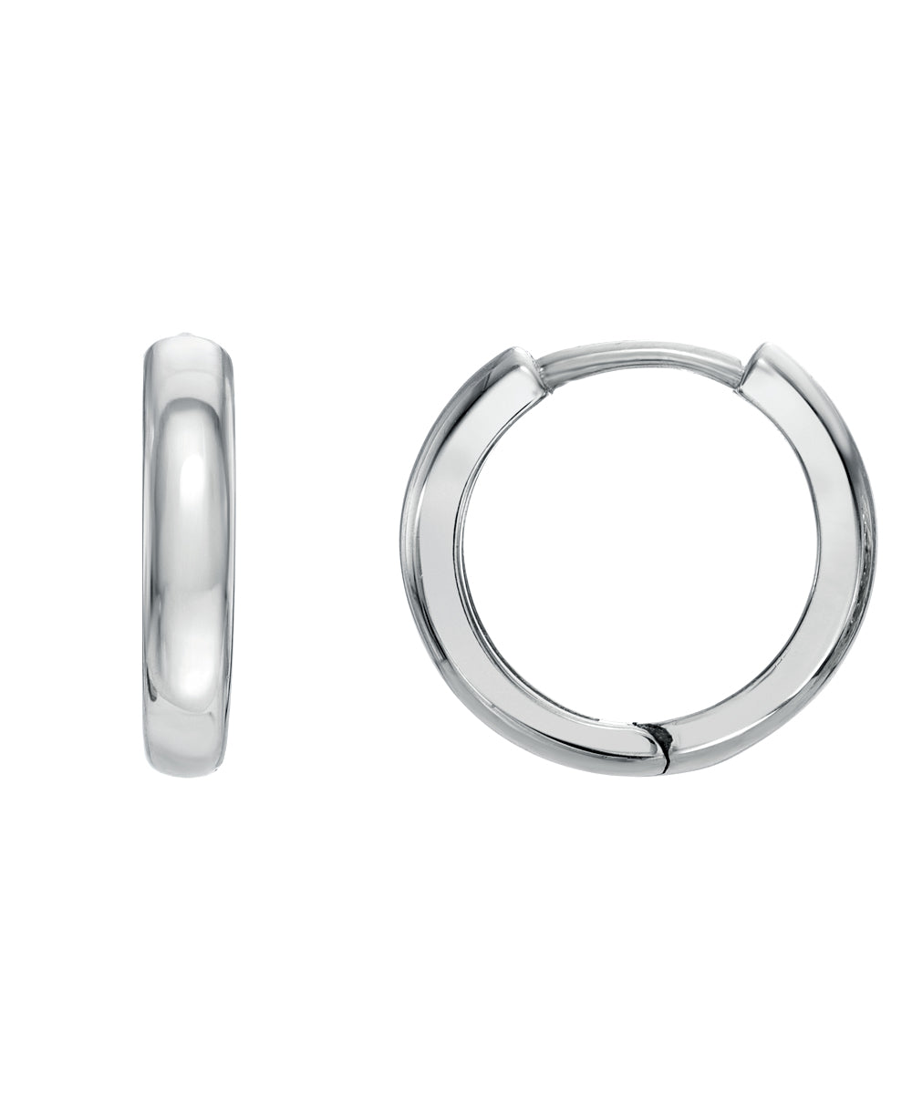 Two views of the 14 Karat Gold 2 mm Wide Huggie Hoops: a side view highlights the slim profile, while a front view displays their circular shape and secure hinged closure—an elegant fine jewelry piece.