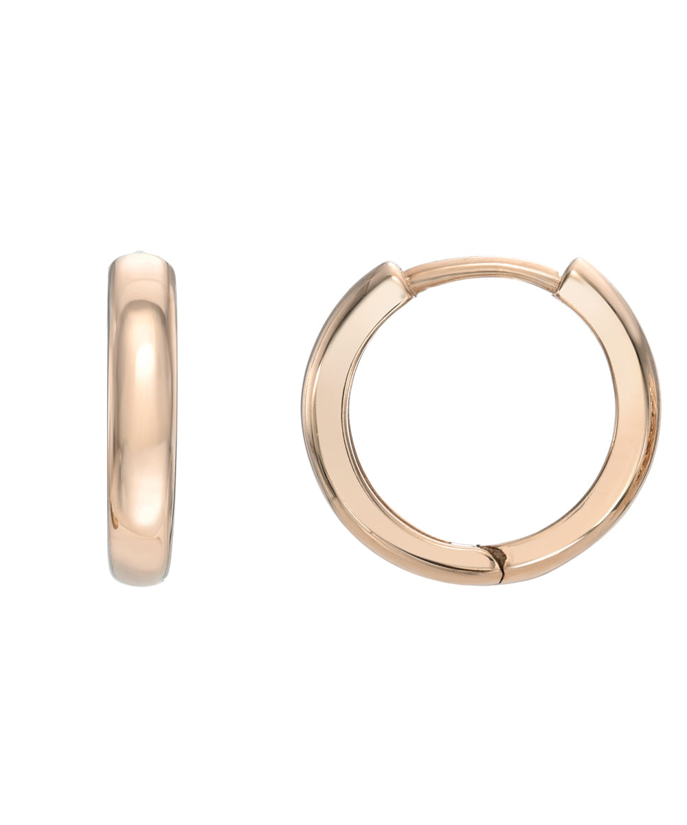 The 14 Karat Gold 2 mm Wide Huggie Hoops are simple, polished earrings with a smooth, rounded design and secure hinged clasp, shown side and front against a white background.