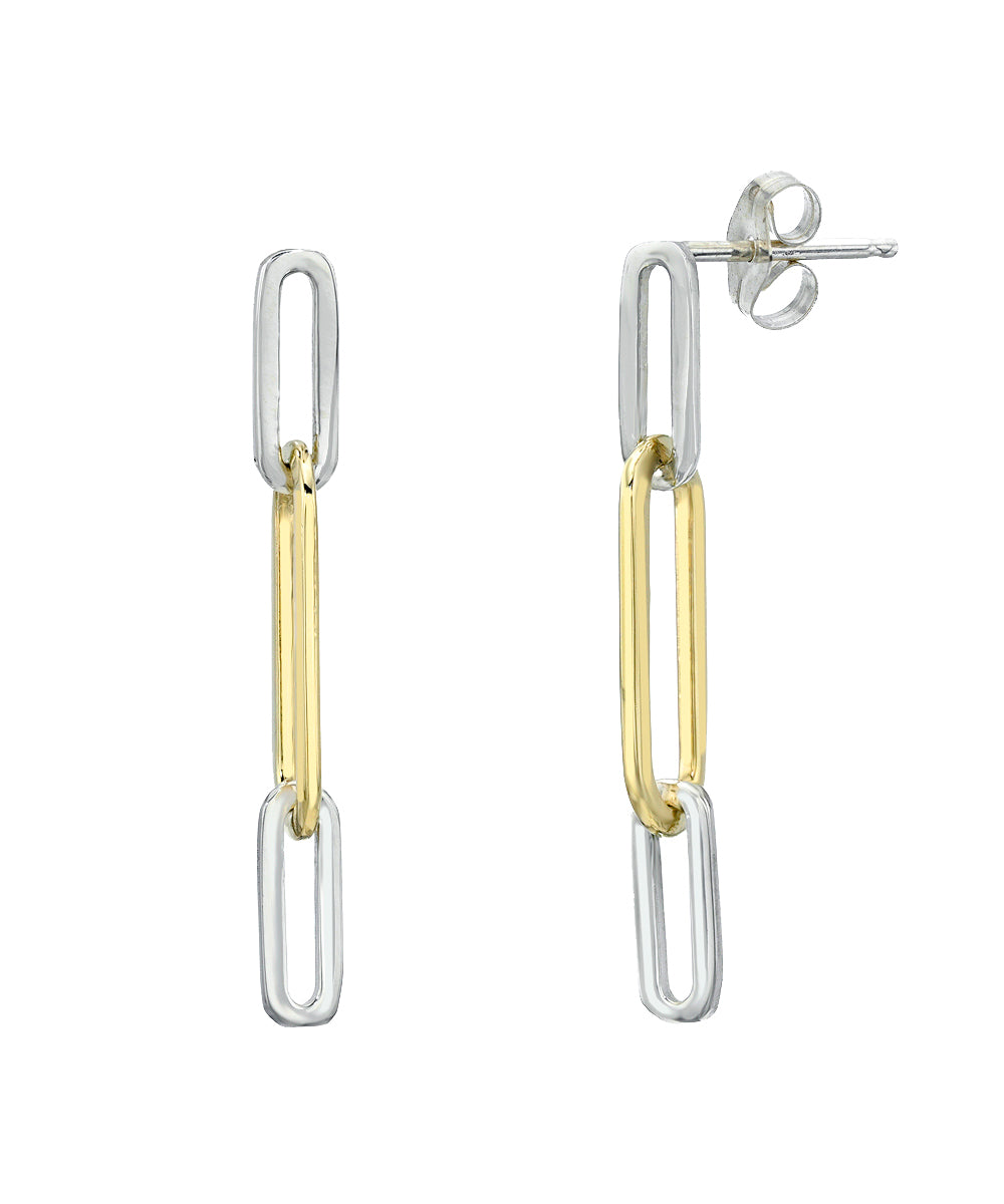 Sterling silver and 10KT Yellow gold paperclip link drop earrings. 