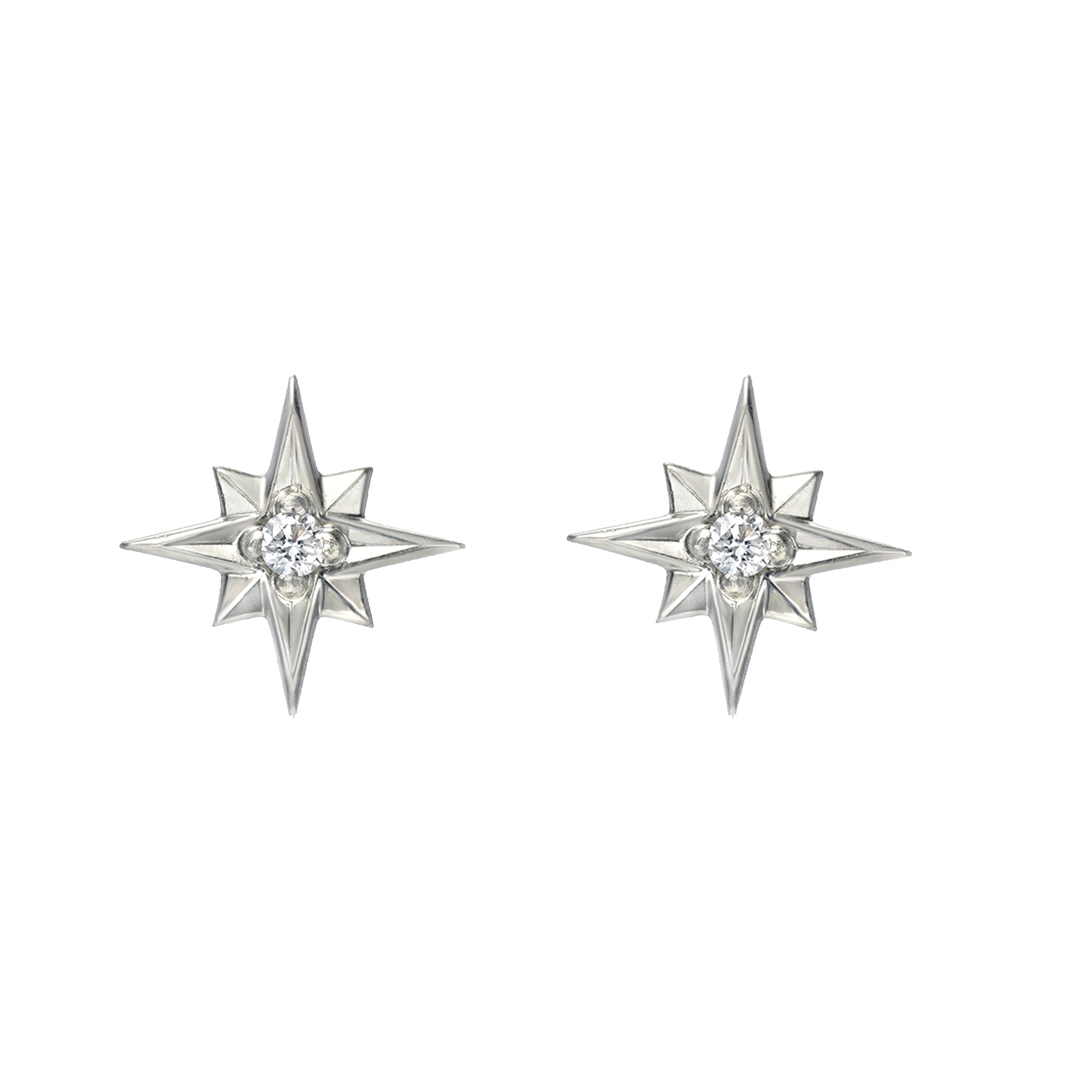 A pair of 14K white gold North Star stud earrings with 0.06 CT diamonds, each featuring a central round gem surrounded by pointed rays for a star-inspired look.
