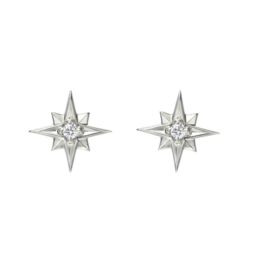 A pair of 14K white gold North Star stud earrings with 0.06 CT diamonds, each featuring a central round gem surrounded by pointed rays for a star-inspired look.