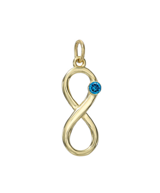 The 14KT Yellow Gold Infinity Birthstone Charm features a small blue stone set on the upper right curve and a top loop for attaching to a chain.