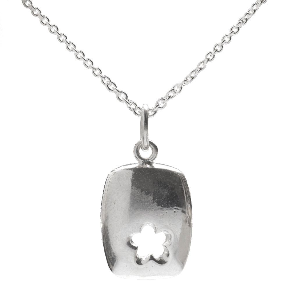 The Sterling Silver Daisy Cutout Tag Pendant Necklace features a rectangular, slightly curved pendant with a daisy-shaped cutout—ideal for floral jewelry lovers.