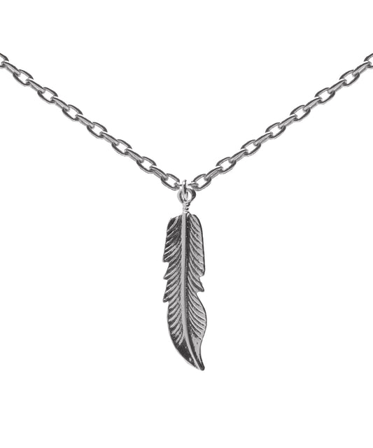 The Yellow Brass Silver Plate Feather Pendant Necklace features a detailed feather pendant on a silver plated chain, shown against a white background.