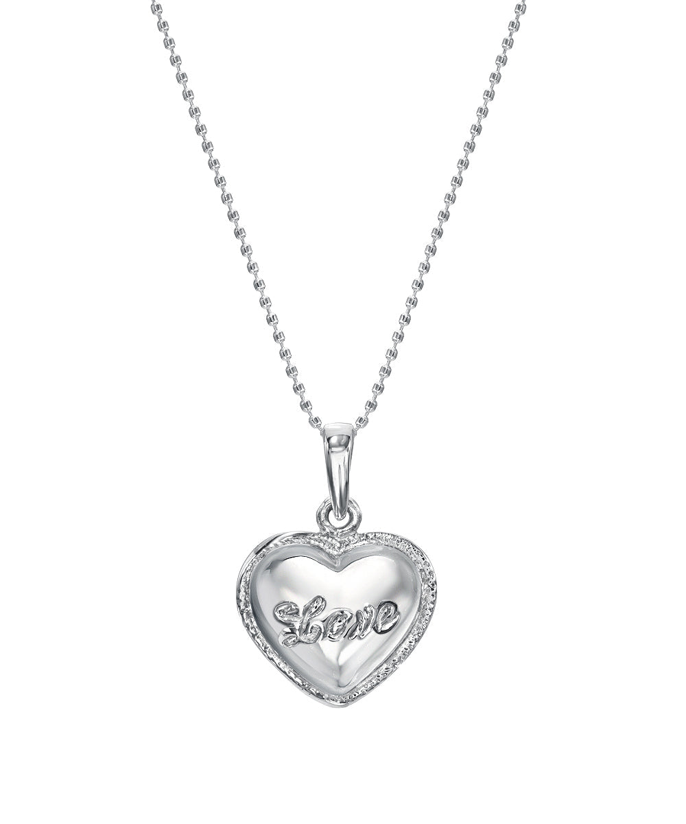 The Sterling Silver Puff Heart Pendant Necklace features a shiny, smooth heart with a textured border, engraved with "Love" in cursive for a custom, elegant, and meaningful touch.