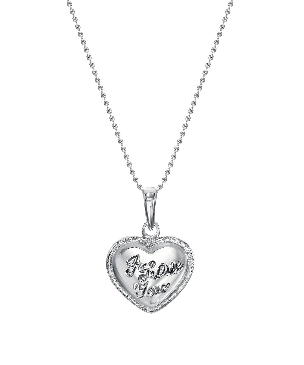 The Sterling Silver Puff Heart Pendant Necklace features a heart-shaped pendant with a decorative border engraved with "I Love You" in cursive—an ideal custom love jewelry piece for any special occasion.