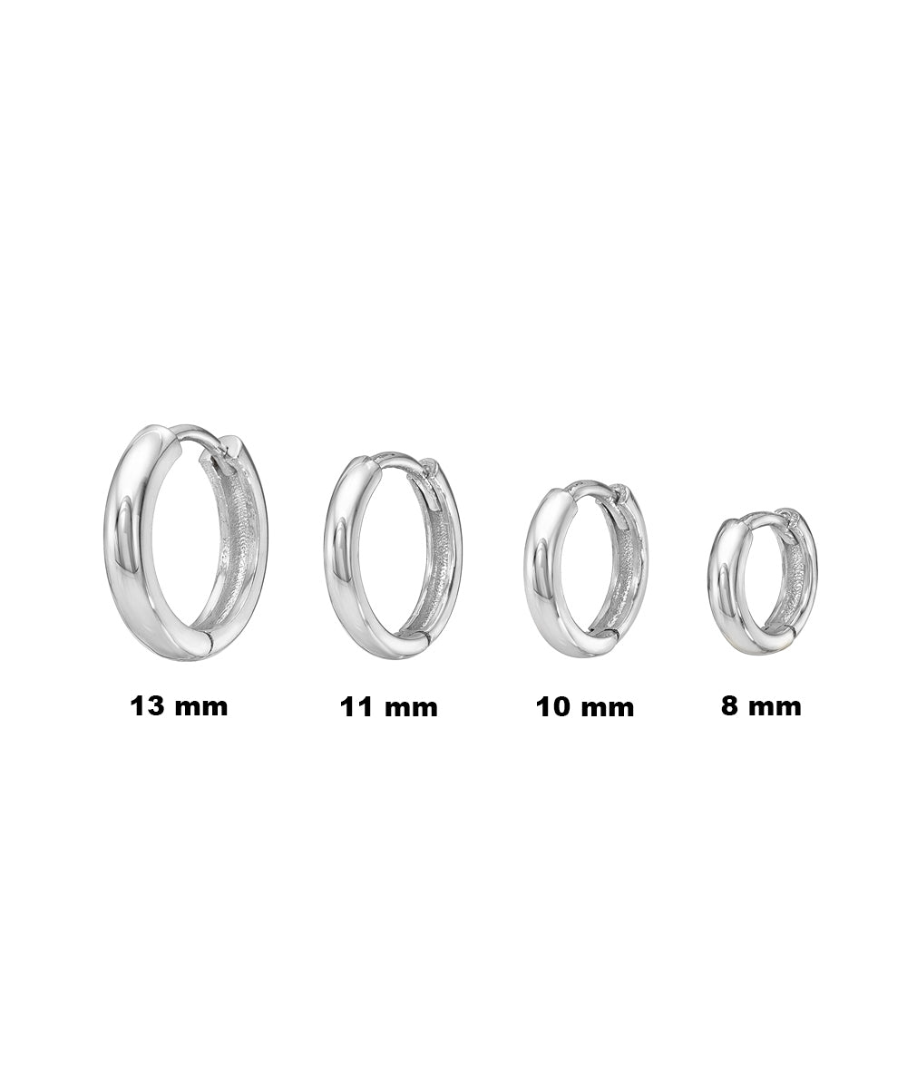 Four 14 Karat gold huggie hoop earrings, each 2 mm wide, are displayed in increasing size from right to left with diameters of 8 mm, 10 mm, 11 mm, and 13 mm against a plain white background—ideal for fine jewelry lovers.