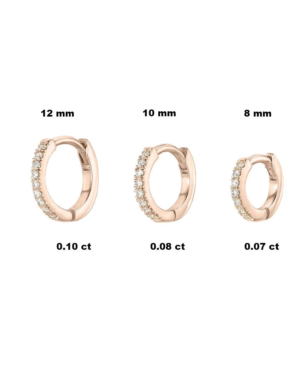 A trio of 14 Karat Yellow Gold Diamond Pavé Huggie Hoops, each set with natural VS1 diamonds in increasing sizes—8 mm (0.07 ct), 10 mm (0.08 ct), and 12 mm (0.10 ct)—for a stunning stacked look.